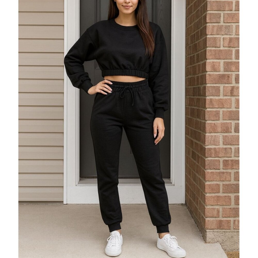 Zenana 2 Pcs Crop Sweatshirt Tracksuit Jogger Pants Set Outfit Active Lounge XS